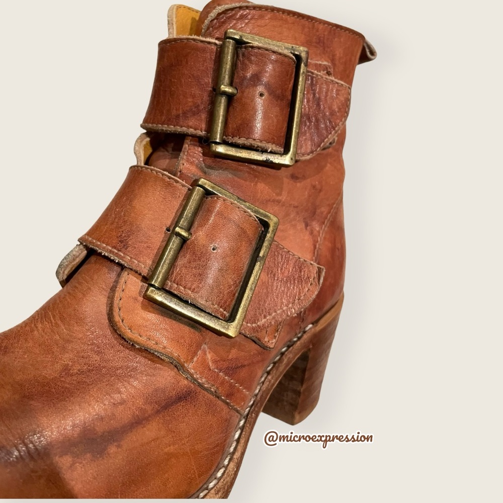 Frye Sabrina Double Buckle Academia Cognac Real Leather Block Heel Ankle Booties - Picture 12 of 14